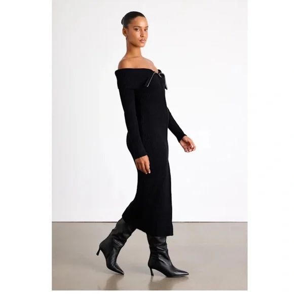 New Lulu’s Elegant Aura Black Off-Shoulder Zip Front Sweater Dress Sz XL - Picture 3 of 7